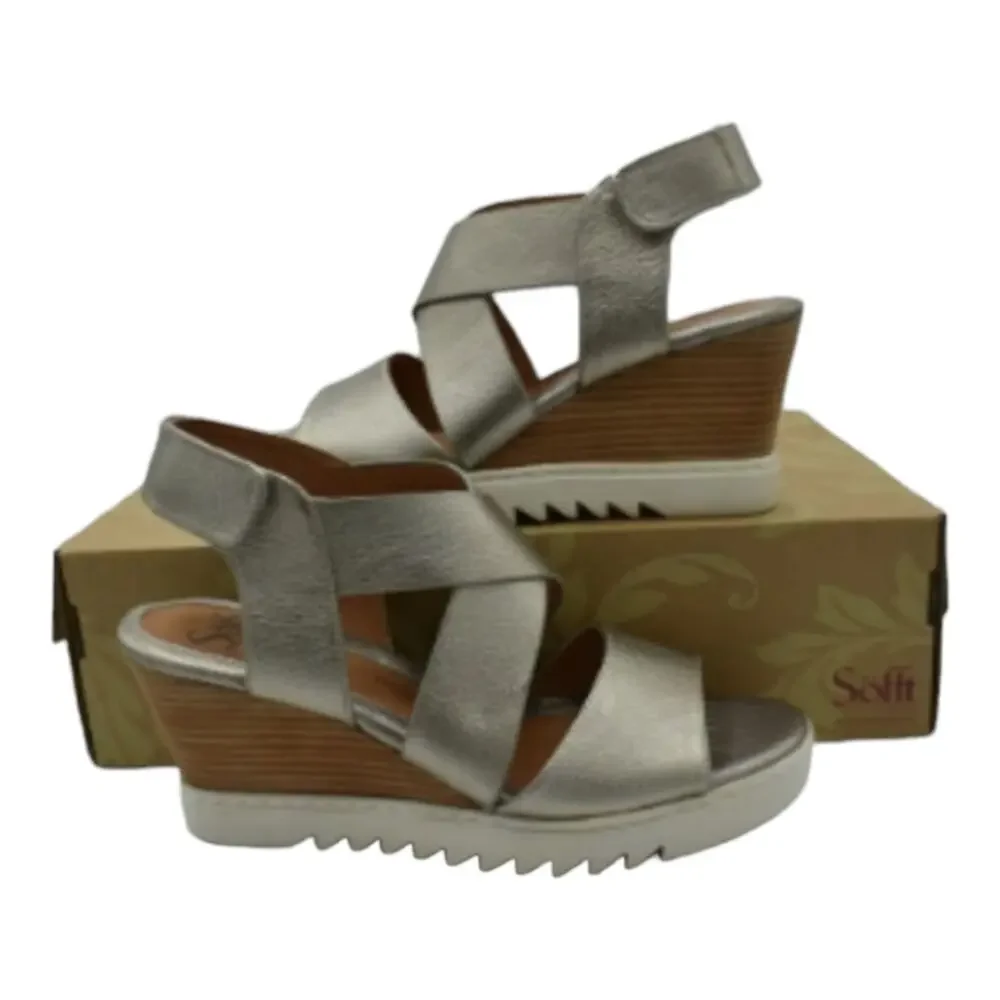 Sofft Womens Size 10 Uxley Grey Gold Metallic Leather‎ Wedge Sandals Shoes New
